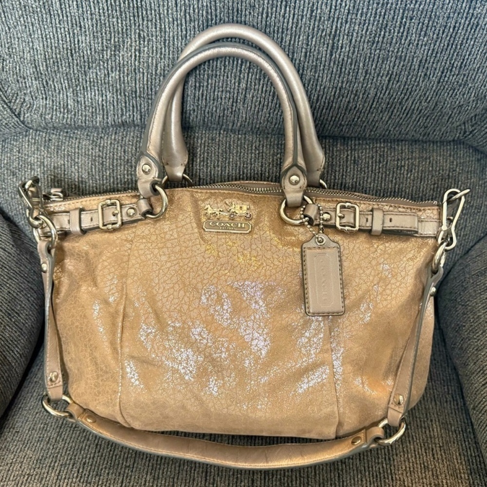 Coach Tan Metallic  Madison Satchel with Double Handles and Detachable Strap - Picture 14 of 15